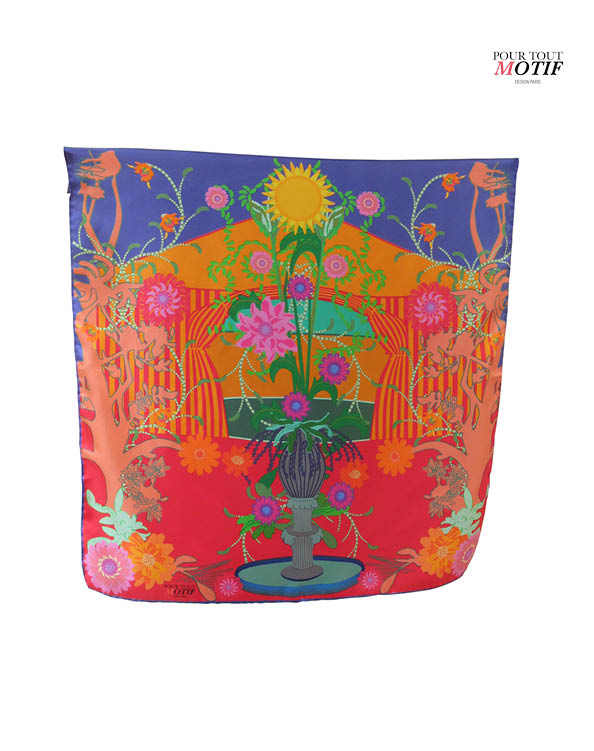 Carré soie 70cm " Cirque" orange, rouge et bleu