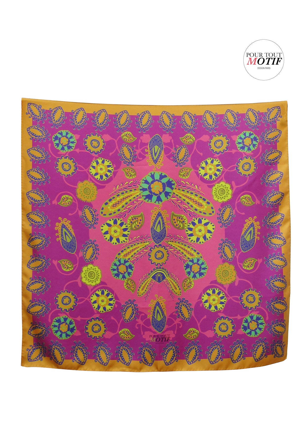 Foulard en soie 90cm rose indien et jaune ocre