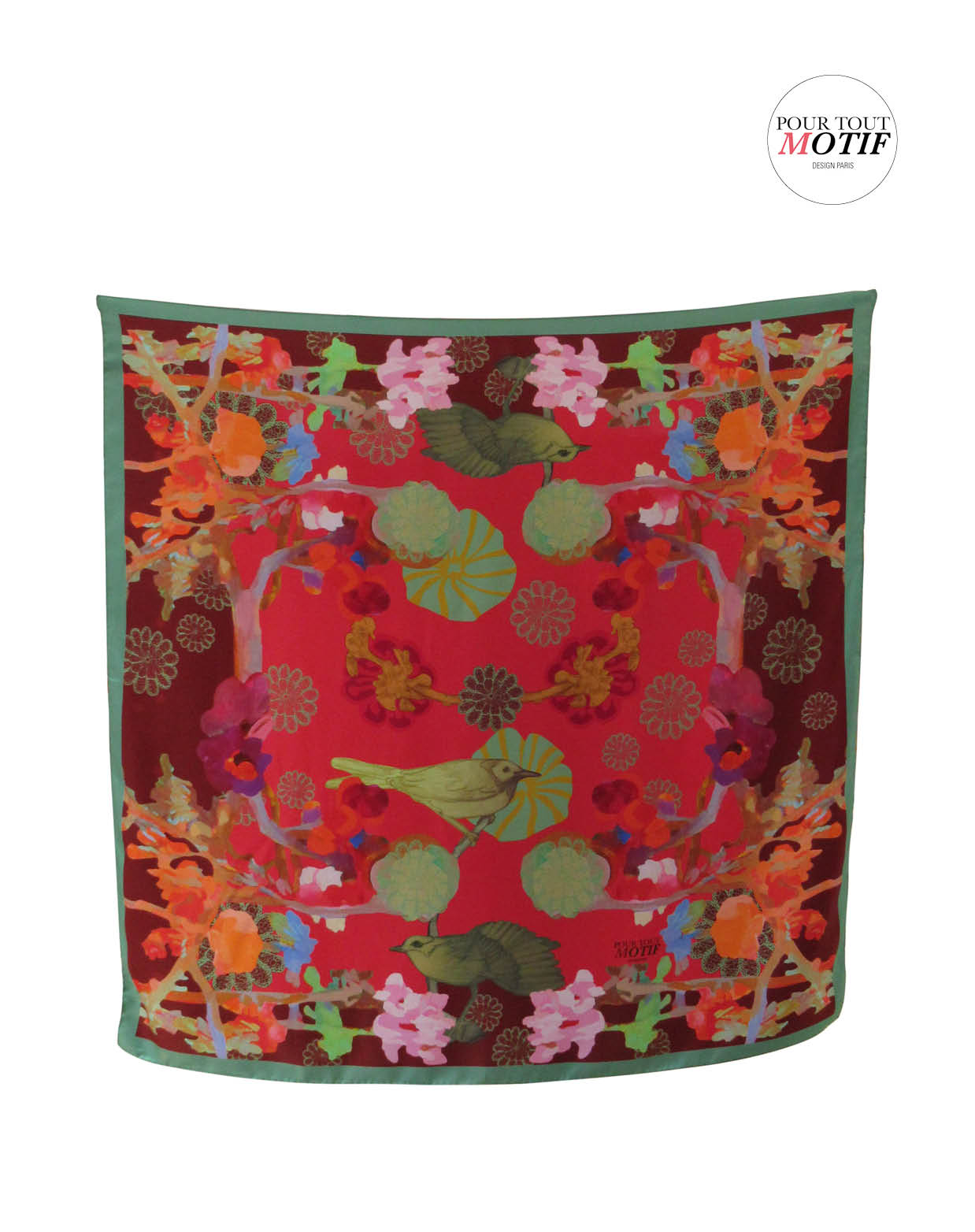 Foulard soie rouge et vert aux oiseaux 110cm