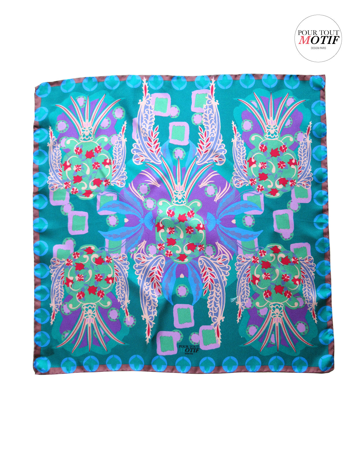 Carré  en soie 70cm bleu, bleu vert motif Ananas