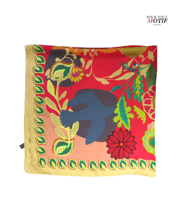 Carré soie femme 90cm rouge et beige