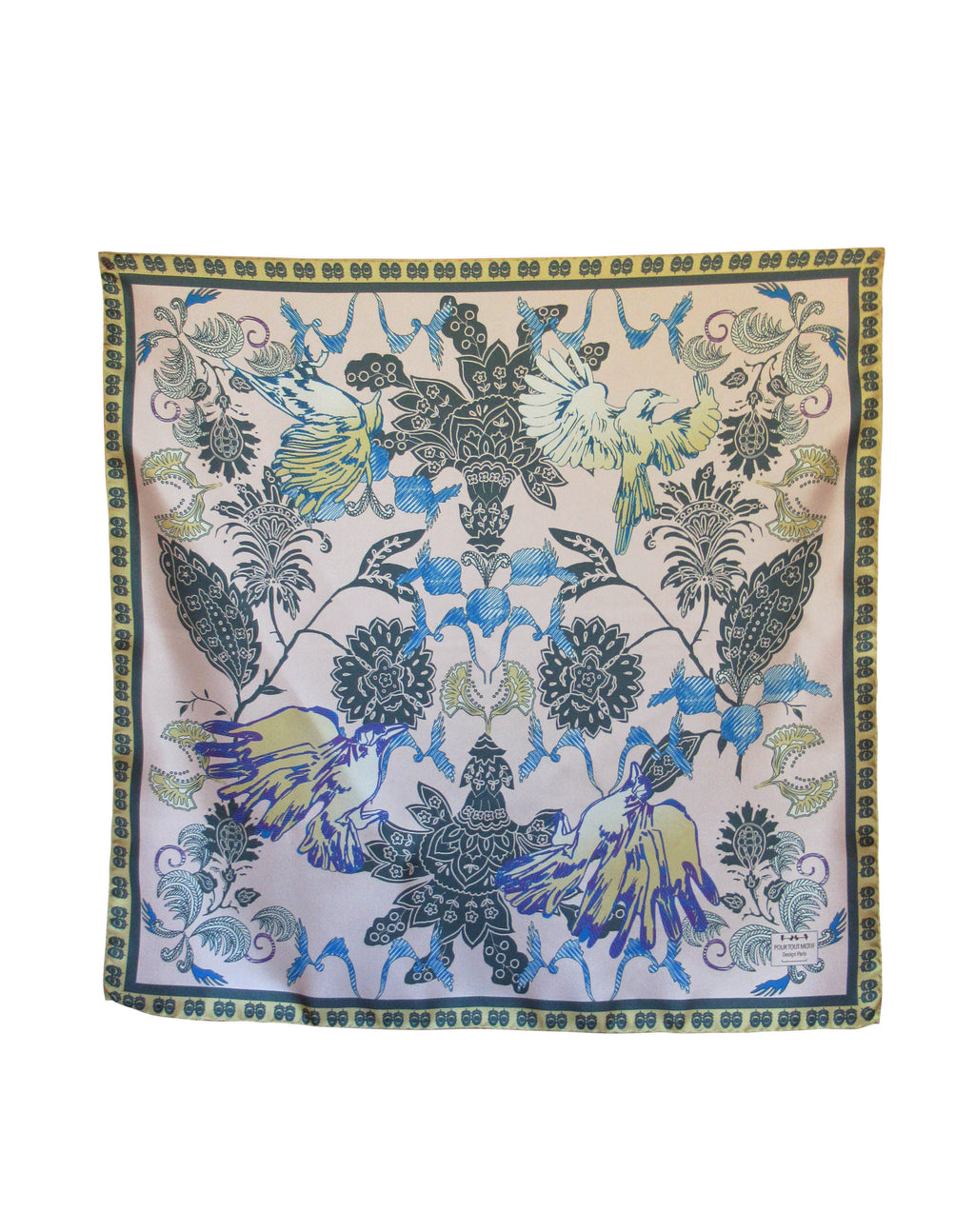 Foulard en soie Cachemire et oiseaux ivoire 68cm