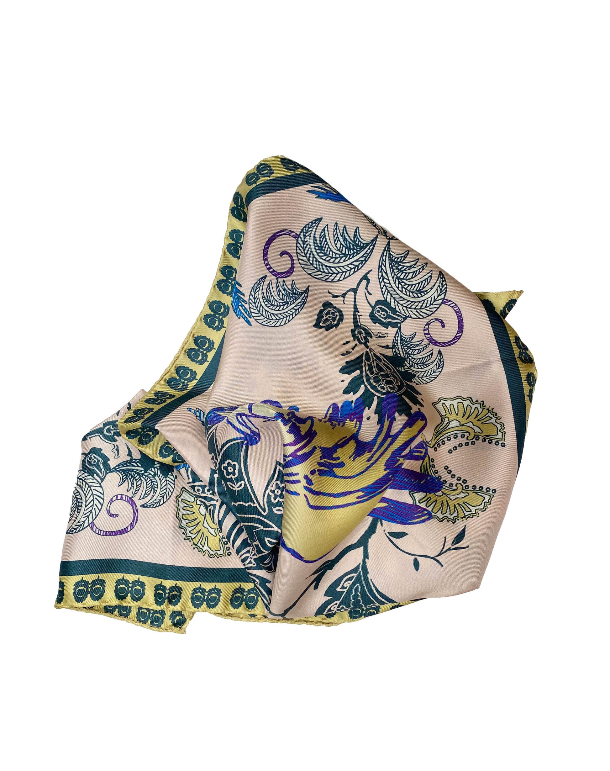 Foulard en soie Cachemire et oiseaux ivoire 68cm