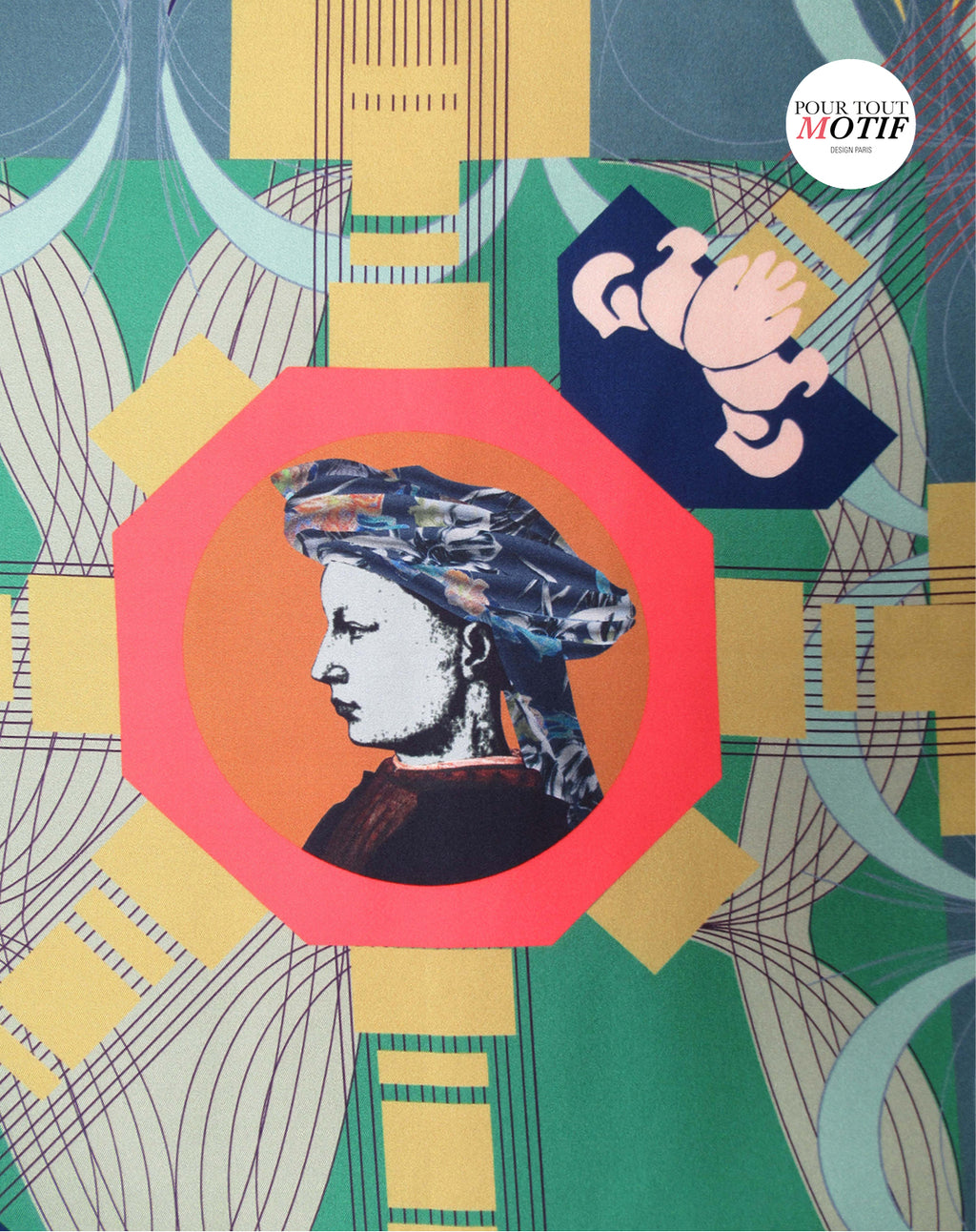 Foulard en soie 70cm vert et marine avec t^te homme et femme détail du motif