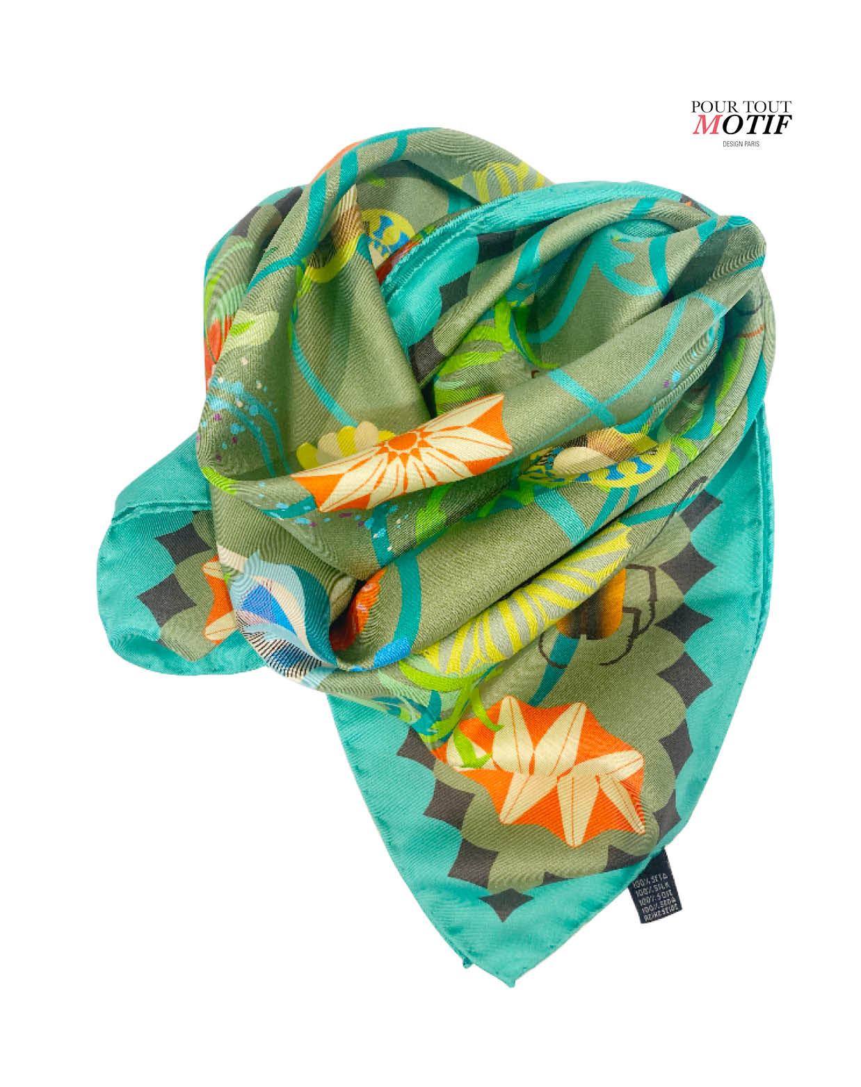 Foulard en soie 70cm vert "insectes et fleurs" de couleur verte