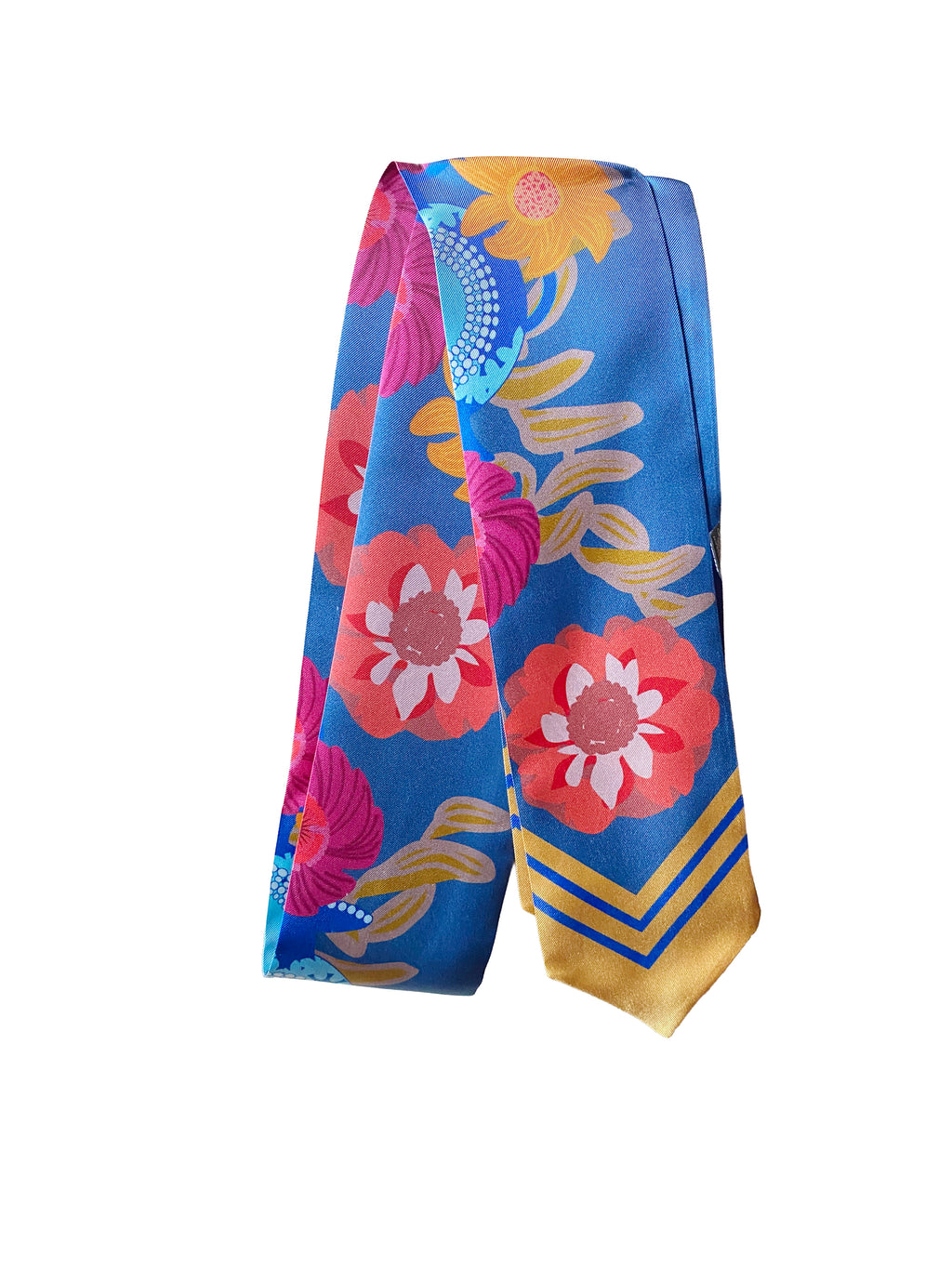 cravate soie femme de couleur bleue et ocre fleurie