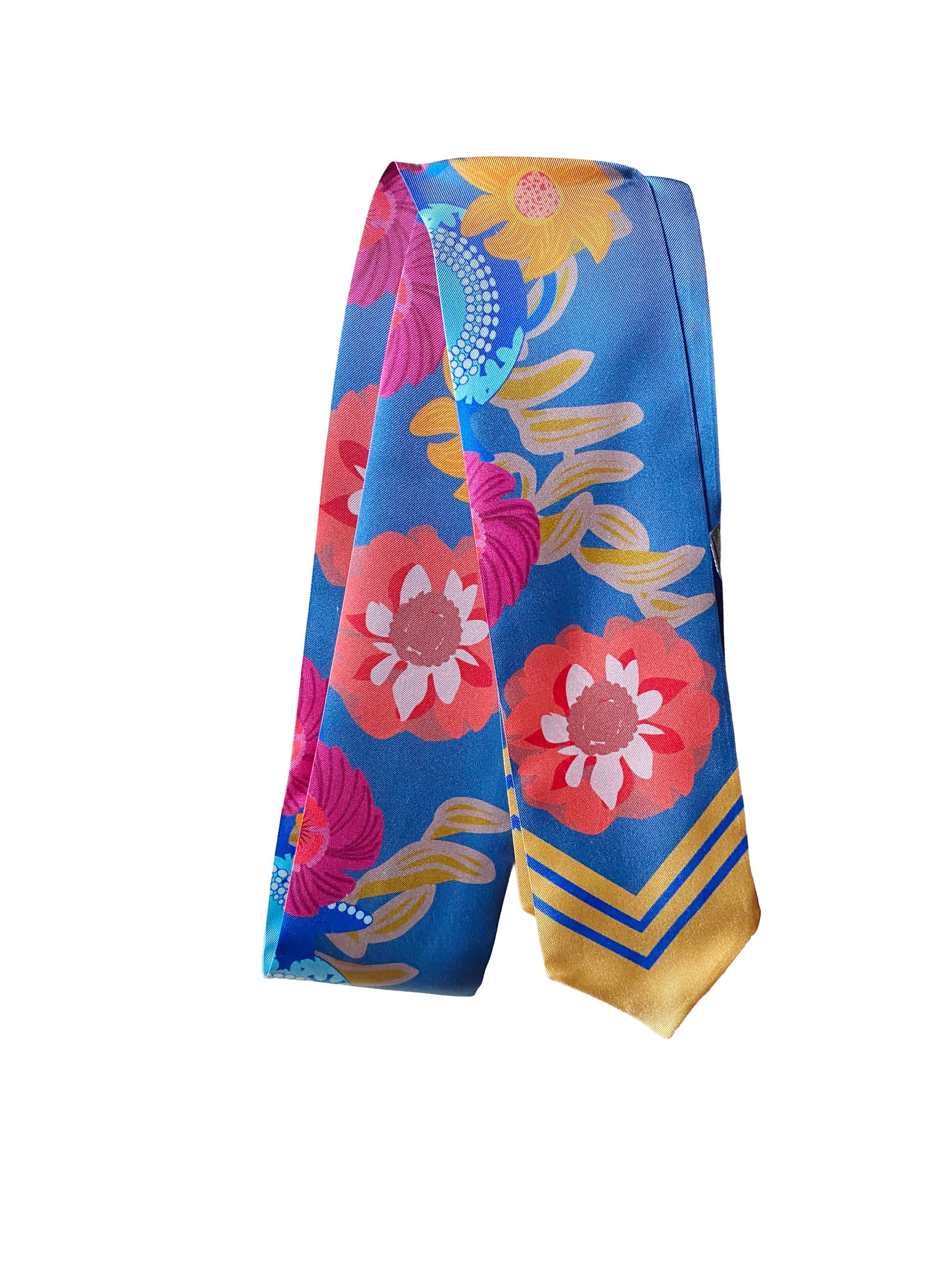 cravate soie femme de couleur bleue et ocre fleurie