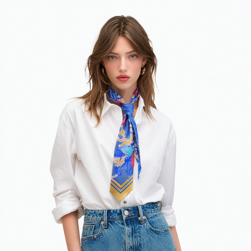 cravate en soie femme bleu et ocre