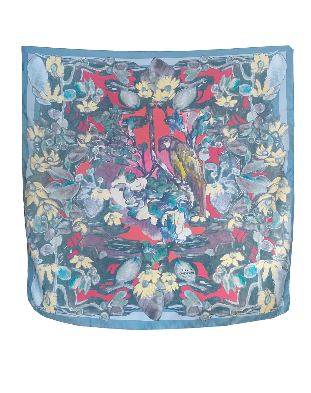 Foulard carré en soie 90cm "Paysage Perroquet"