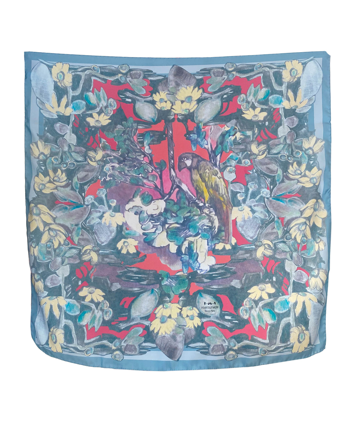 Foulard carré en soie 90cm "Paysage Perroquet"