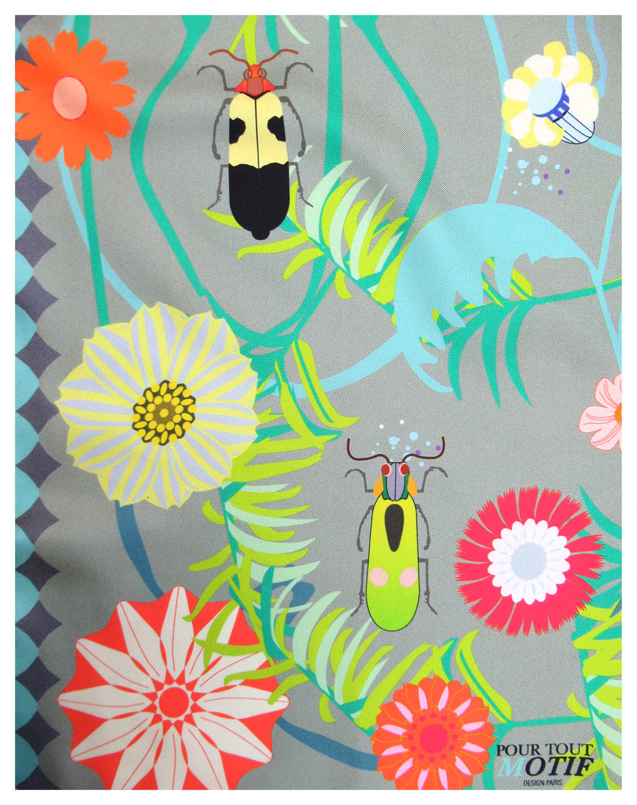 Foulard en soie 70cm "Insectes et fleurs vert"