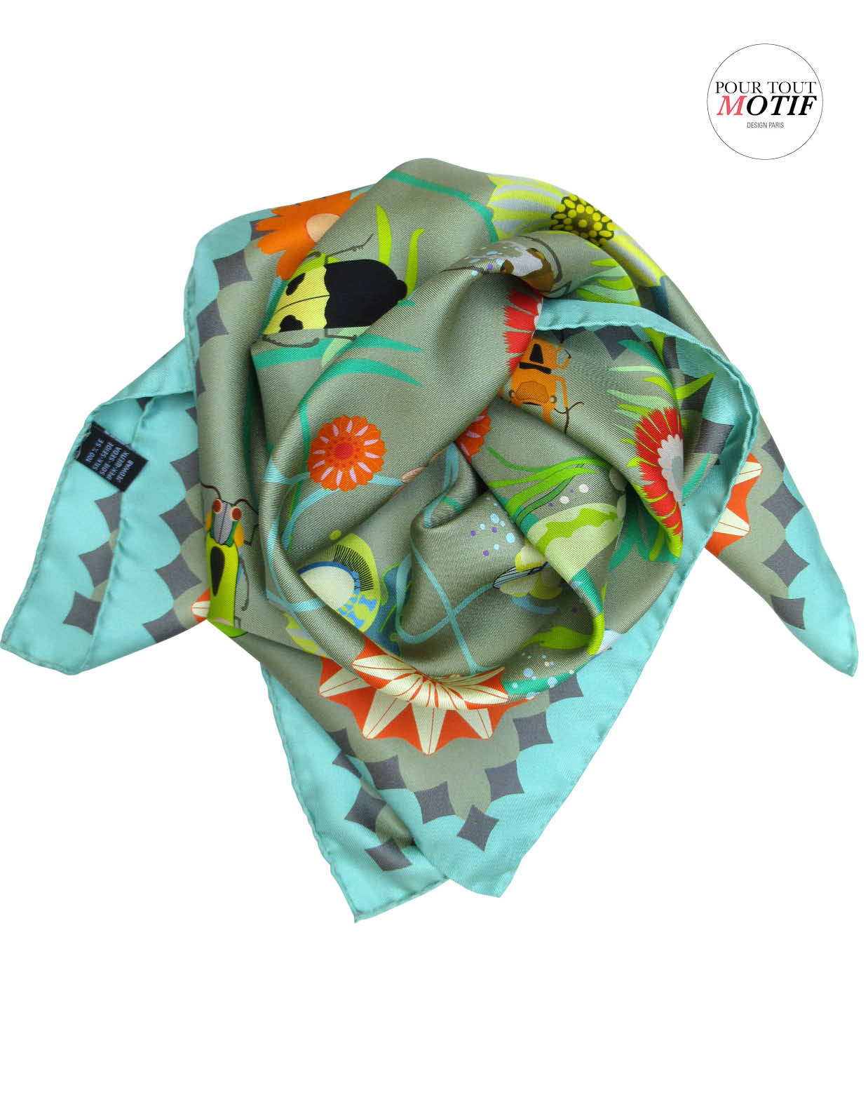 Foulard en soie 70cm "Insectes et fleurs vert"
