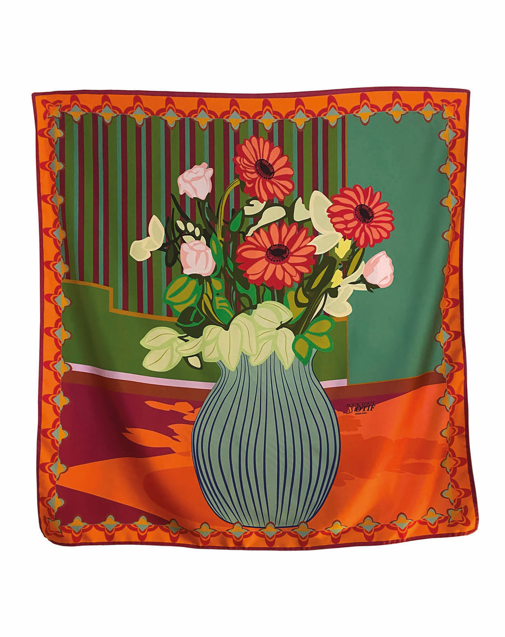 foulard en soie 90cm, bouquet de fleurs orange et vert émeraude