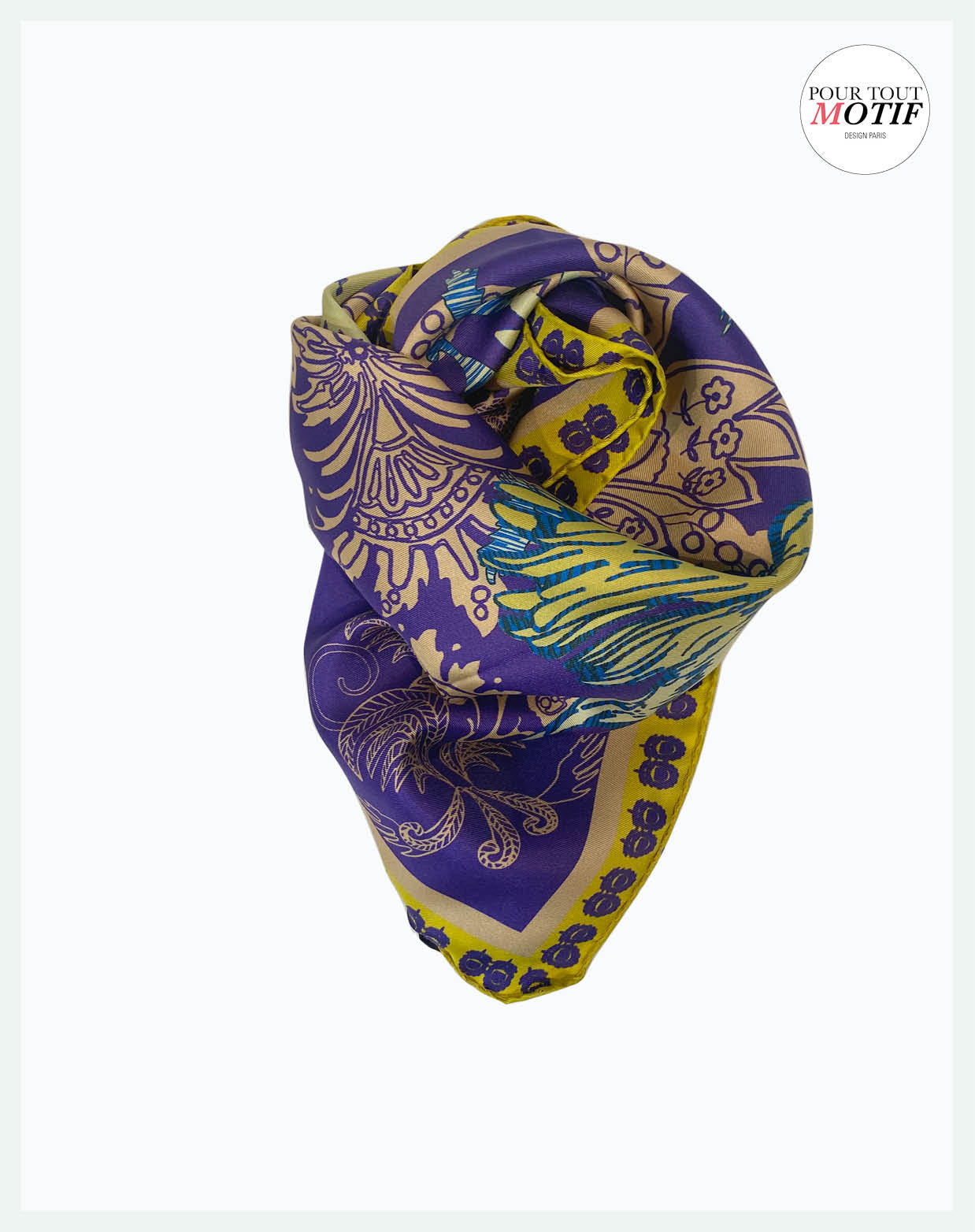 Foulard en soie "Cachemire et oiseaux bleu nuit" 70cm