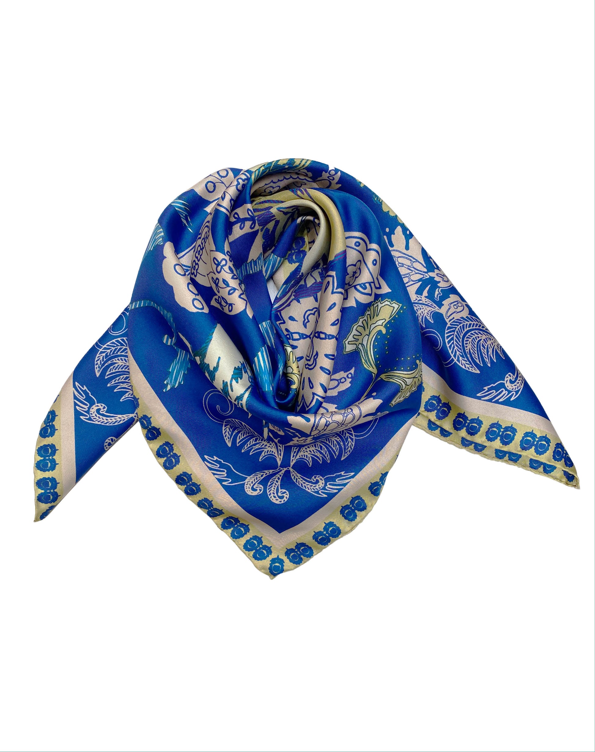 Foulard en soie "Cachemire et oiseaux bleu nuit"