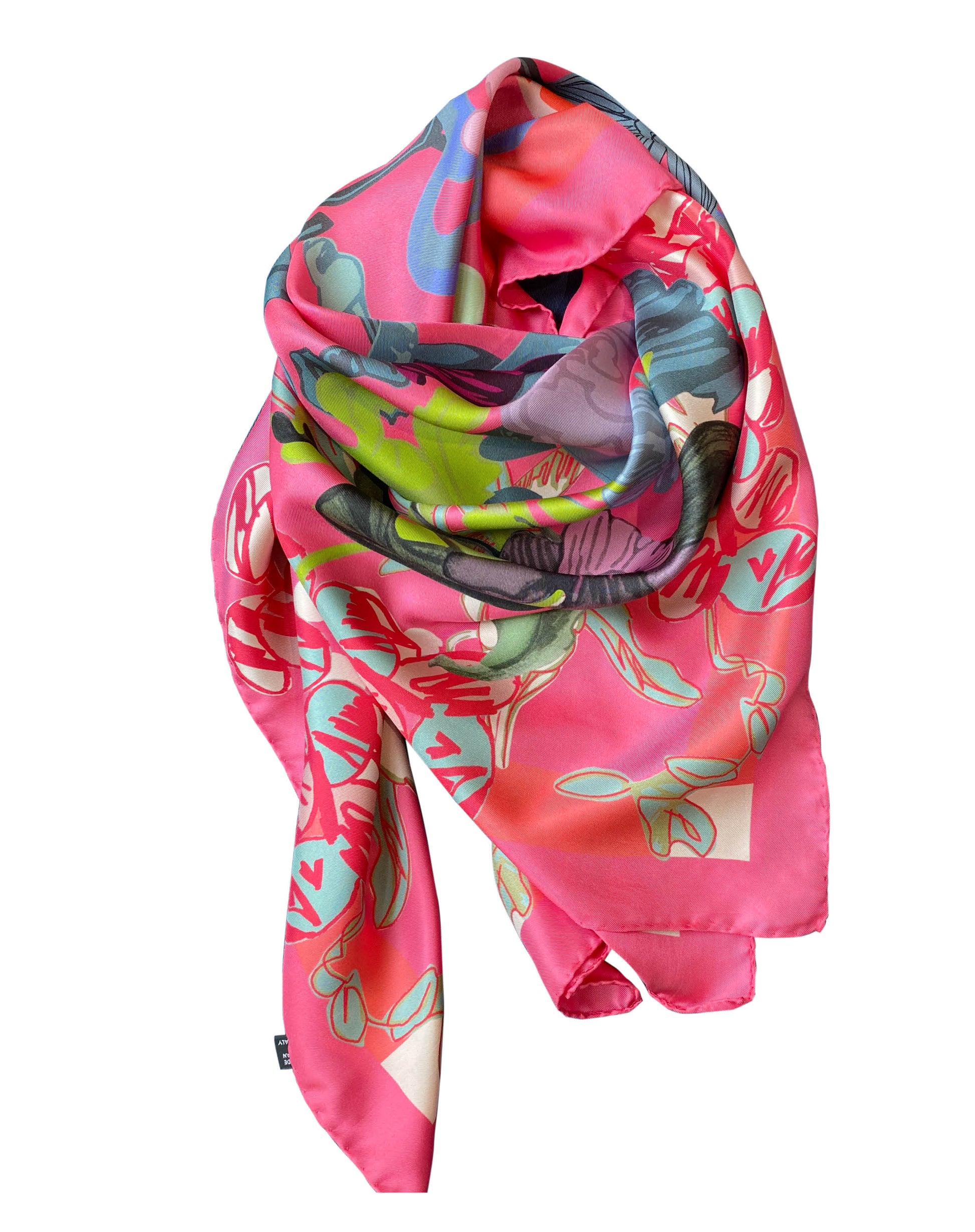Foulard "Fleurs Roses" Carré de soie de 110cm