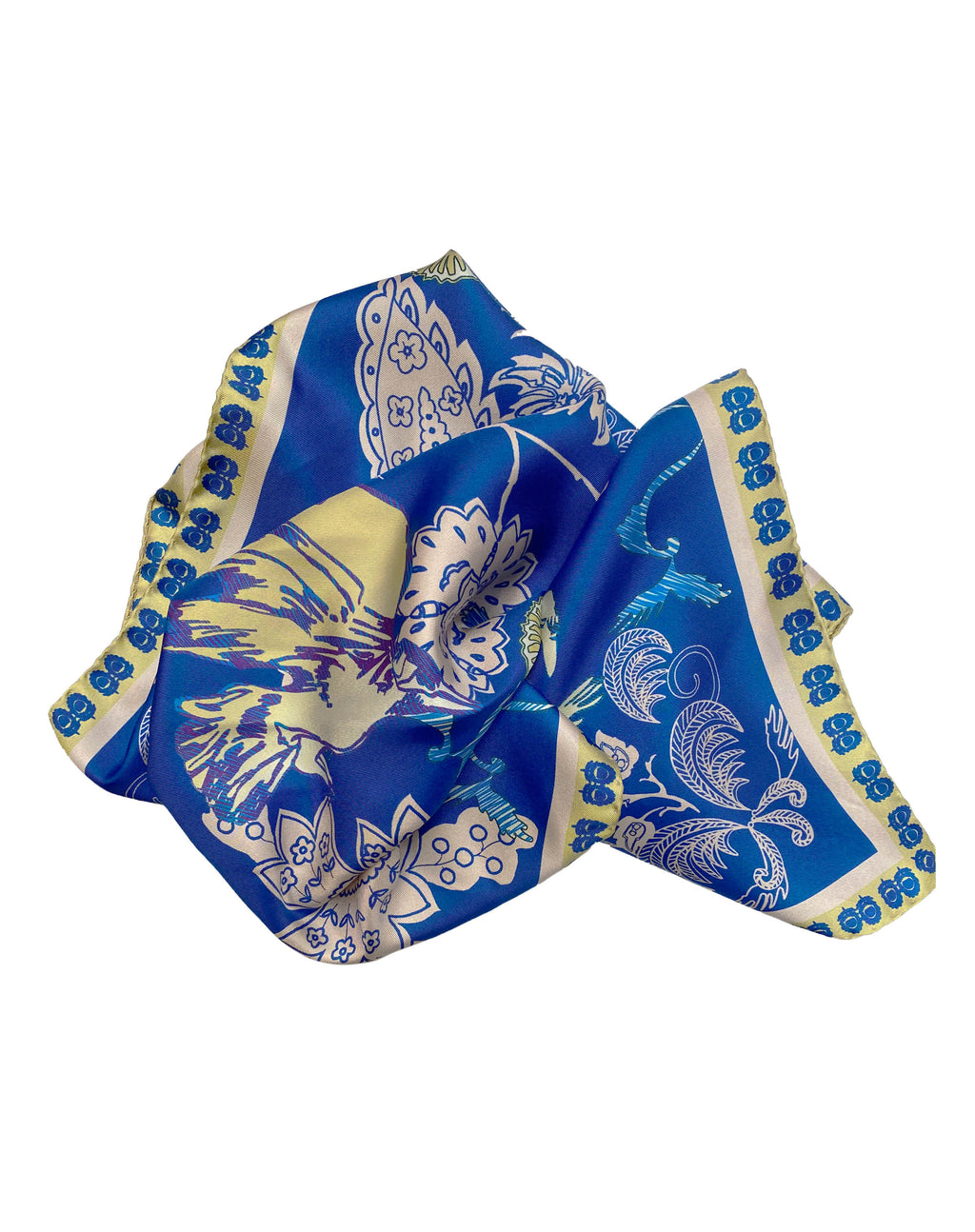 Foulard en soie "Cachemire et oiseaux bleu nuit"