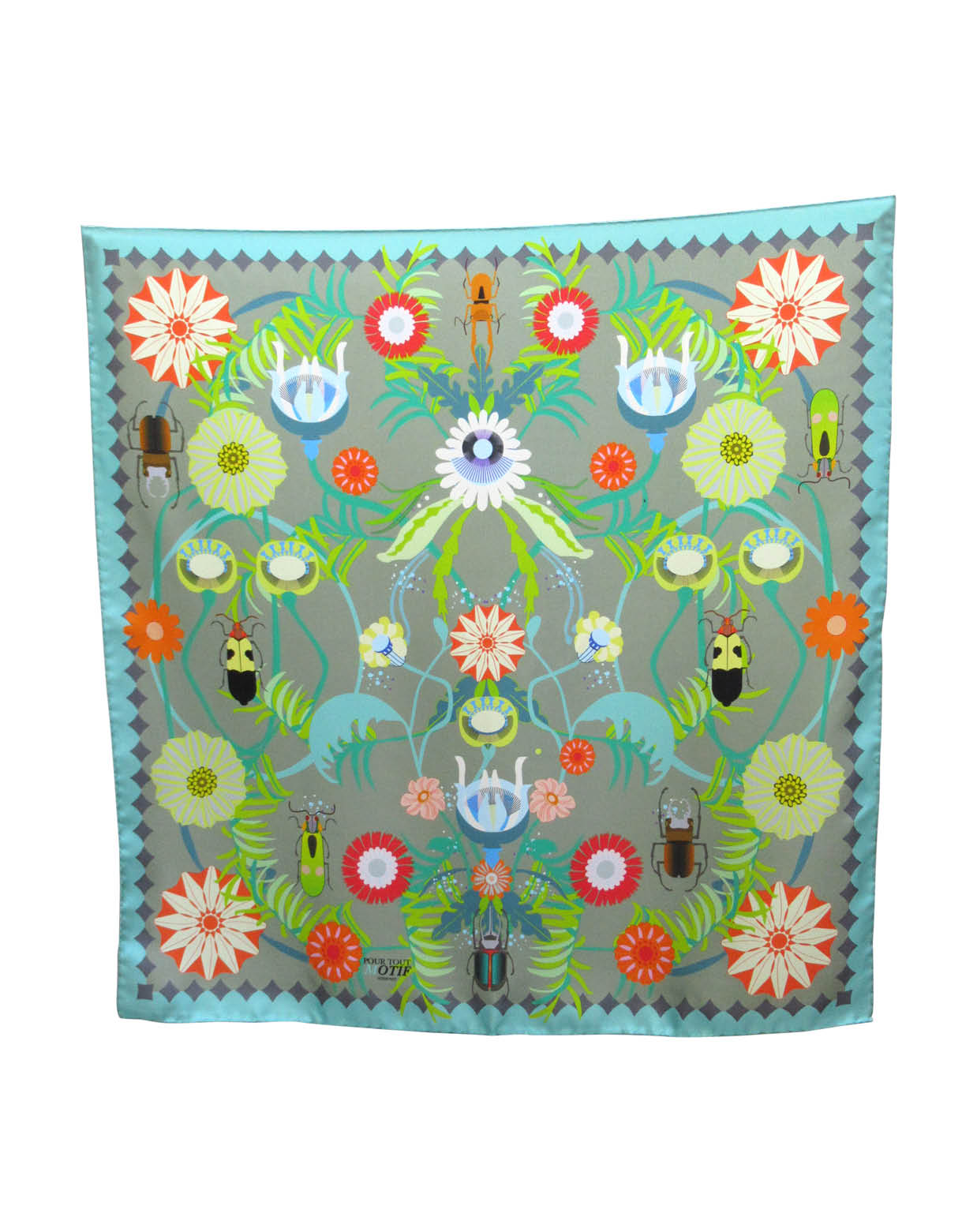 Foulard en soie 70cm "Insectes et fleurs vert"