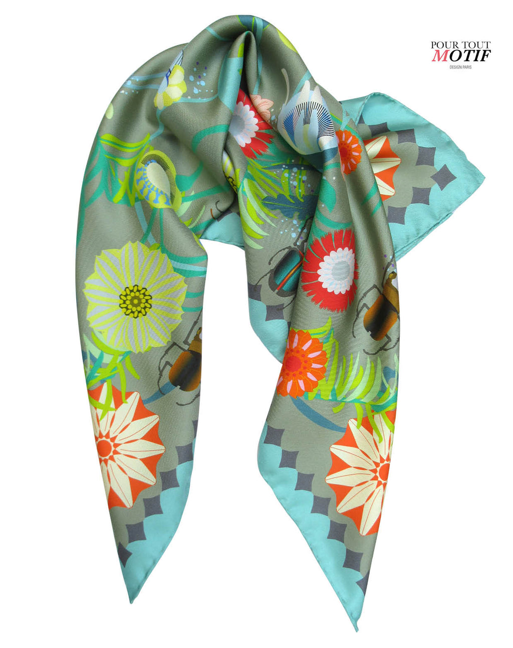 Foulard en soie 70cm "Insectes et fleurs vert"