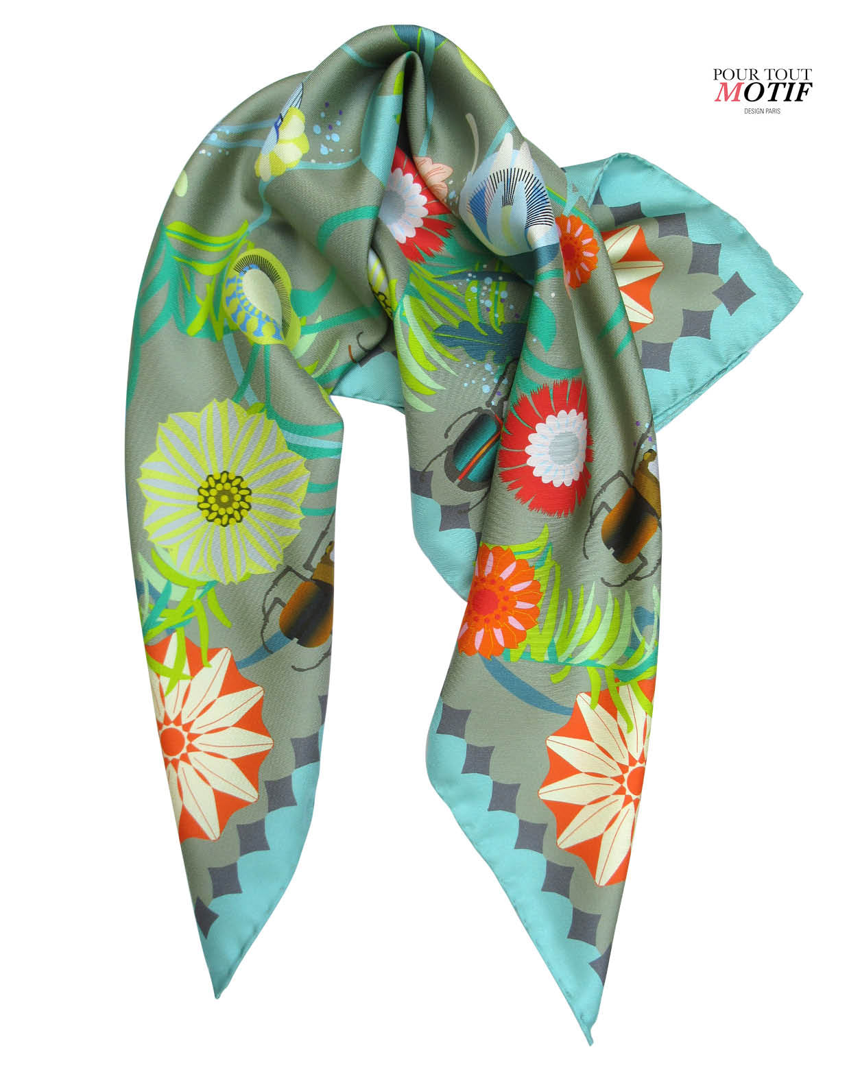 Foulard en soie 70cm "Insectes et fleurs vert"