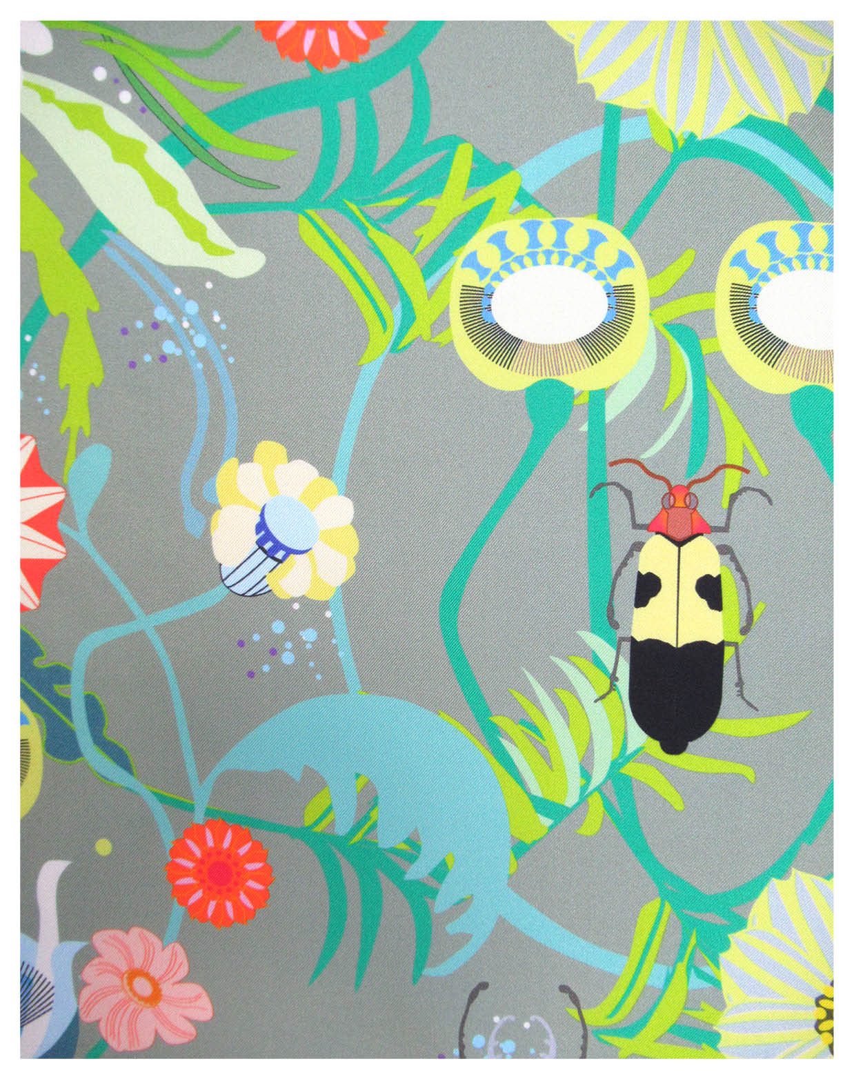 Foulard en soie 70cm "Insectes et fleurs vert"