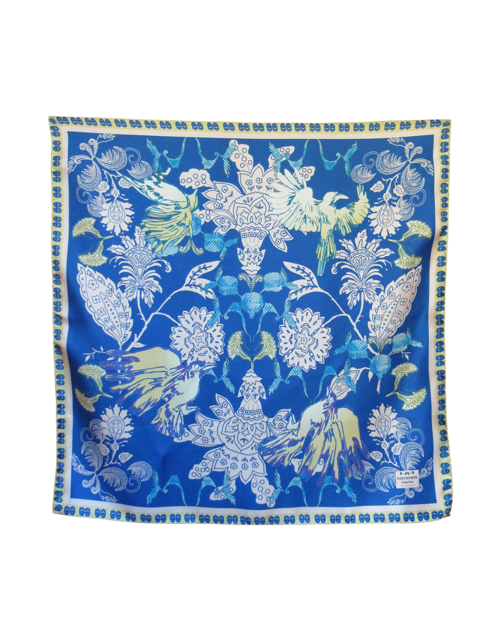 Foulard en soie "Cachemire et oiseaux bleu nuit"