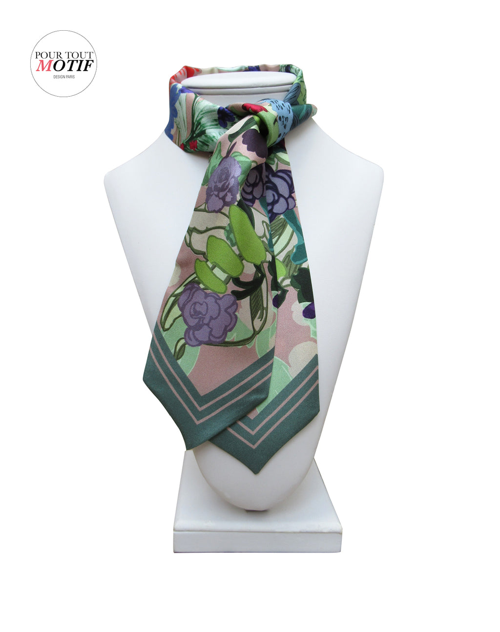 cravate femme fleurie rose et vert en soie