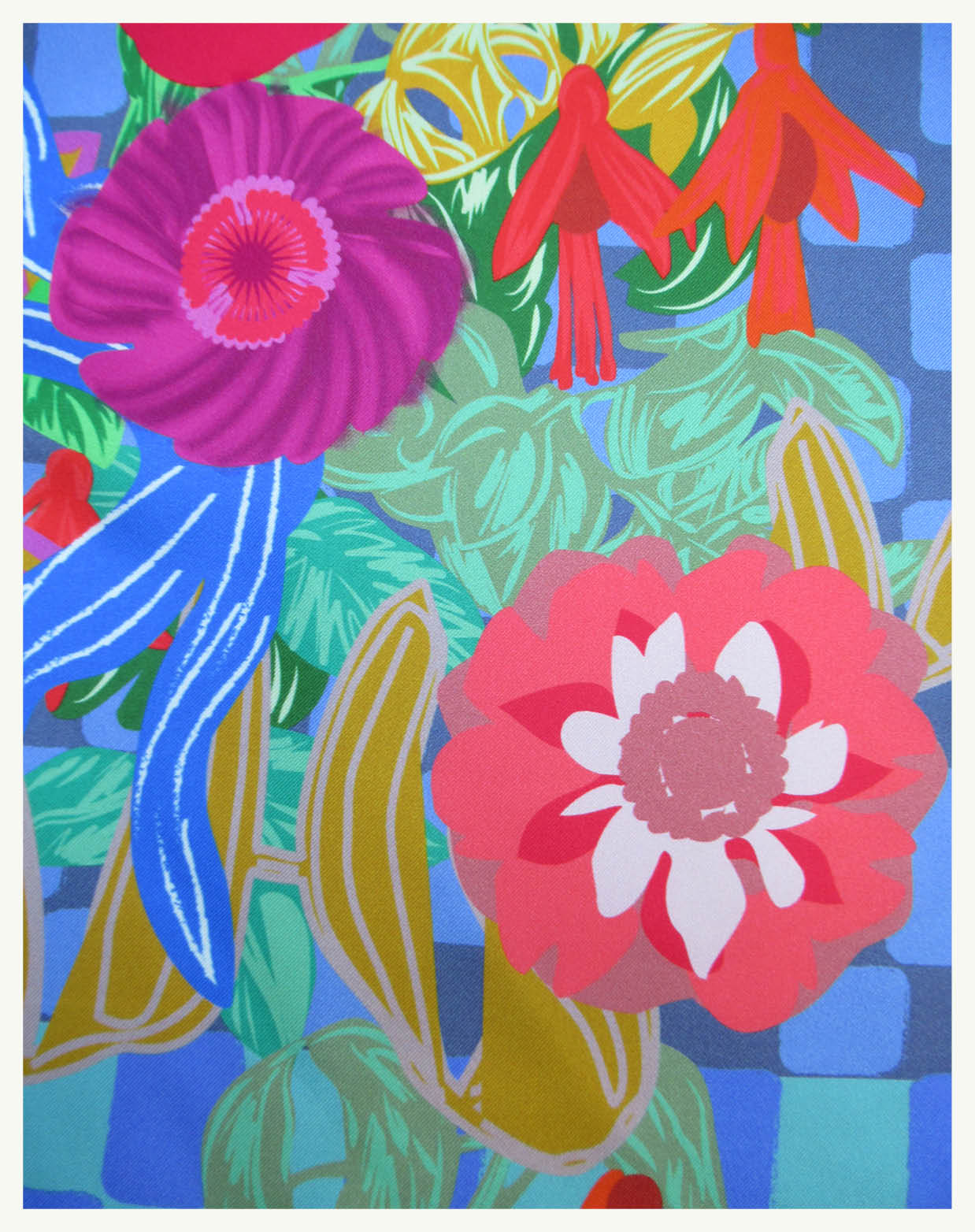 Foulard en soie 70cm, "Jardin bleu, Poterie"