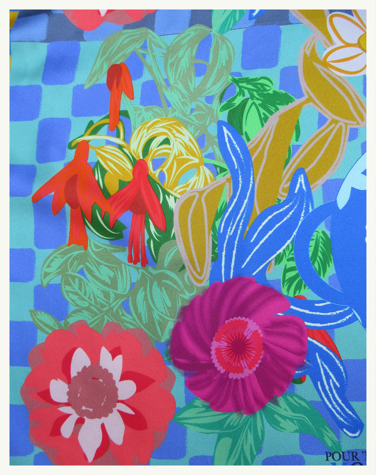 Foulard en soie 70cm, "Jardin bleu, Poterie"