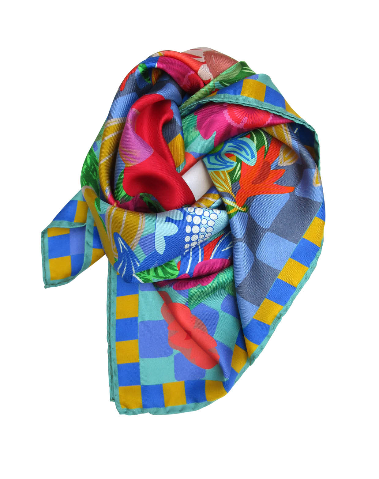 Foulard en soie 70cm, "Jardin bleu, Poterie"