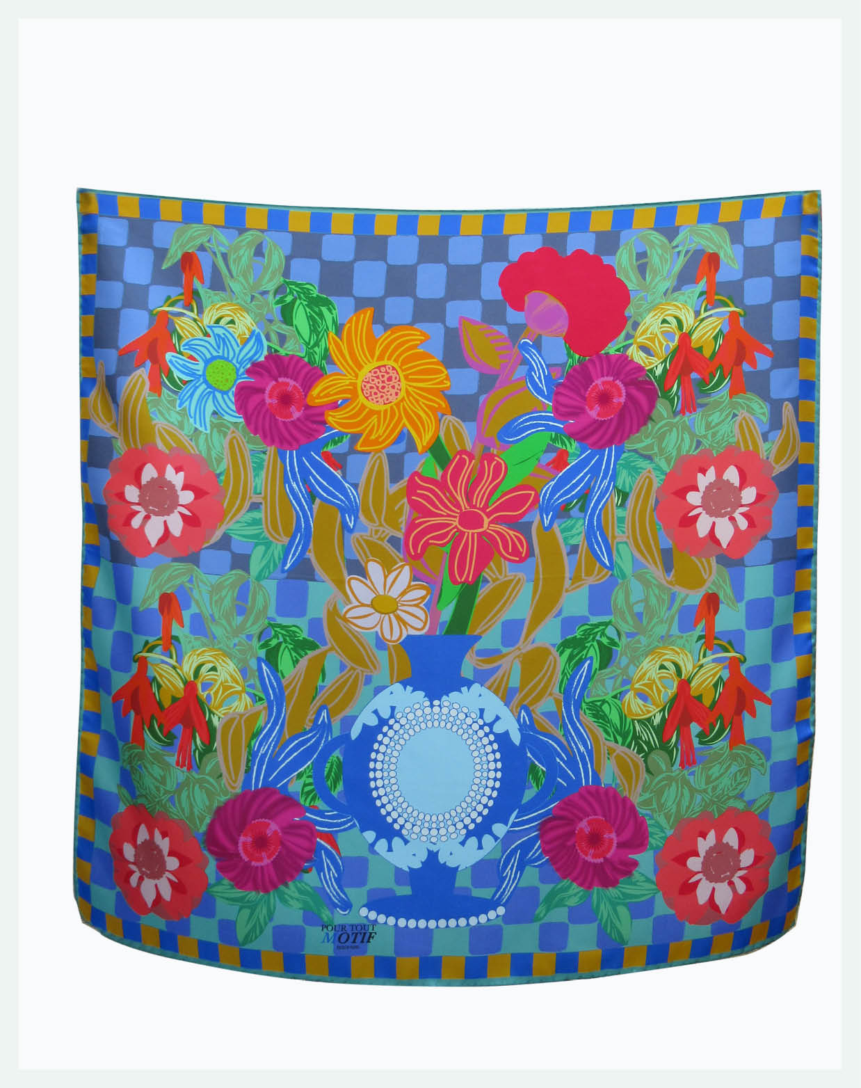 Foulard en soie 70cm, "Jardin bleu, Poterie"