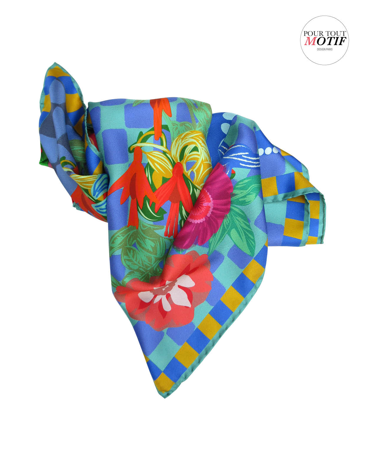 Foulard en soie 70cm, "Jardin bleu, Poterie"