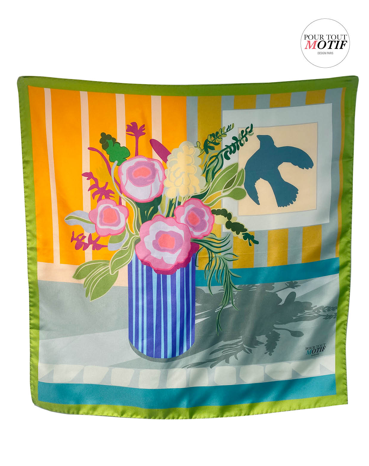 foulard en soie couleurs oranges et bleu vert