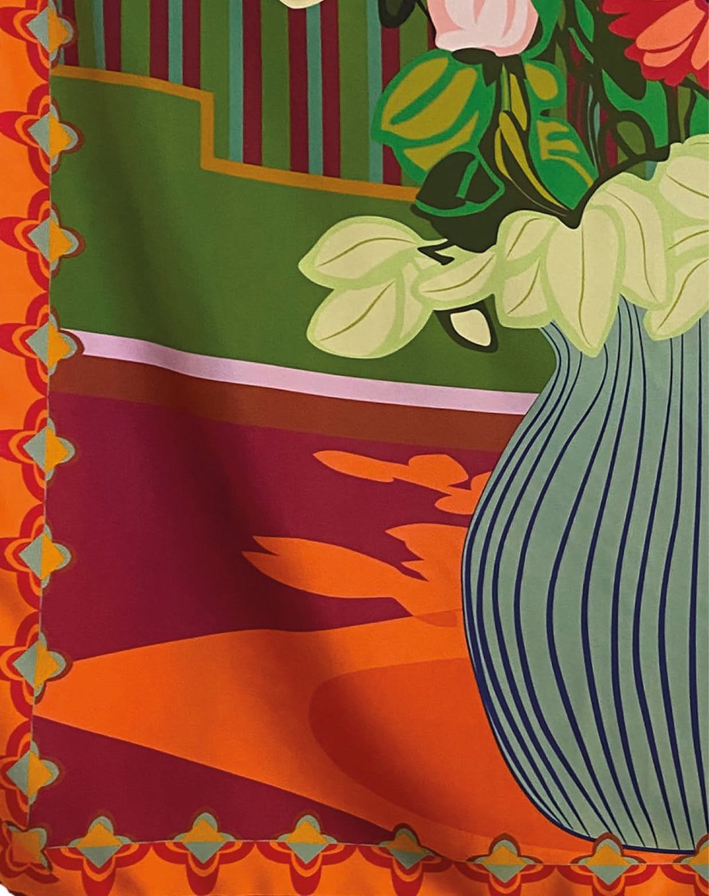 foulard en soie 90cm, détail du motif orange et bleu