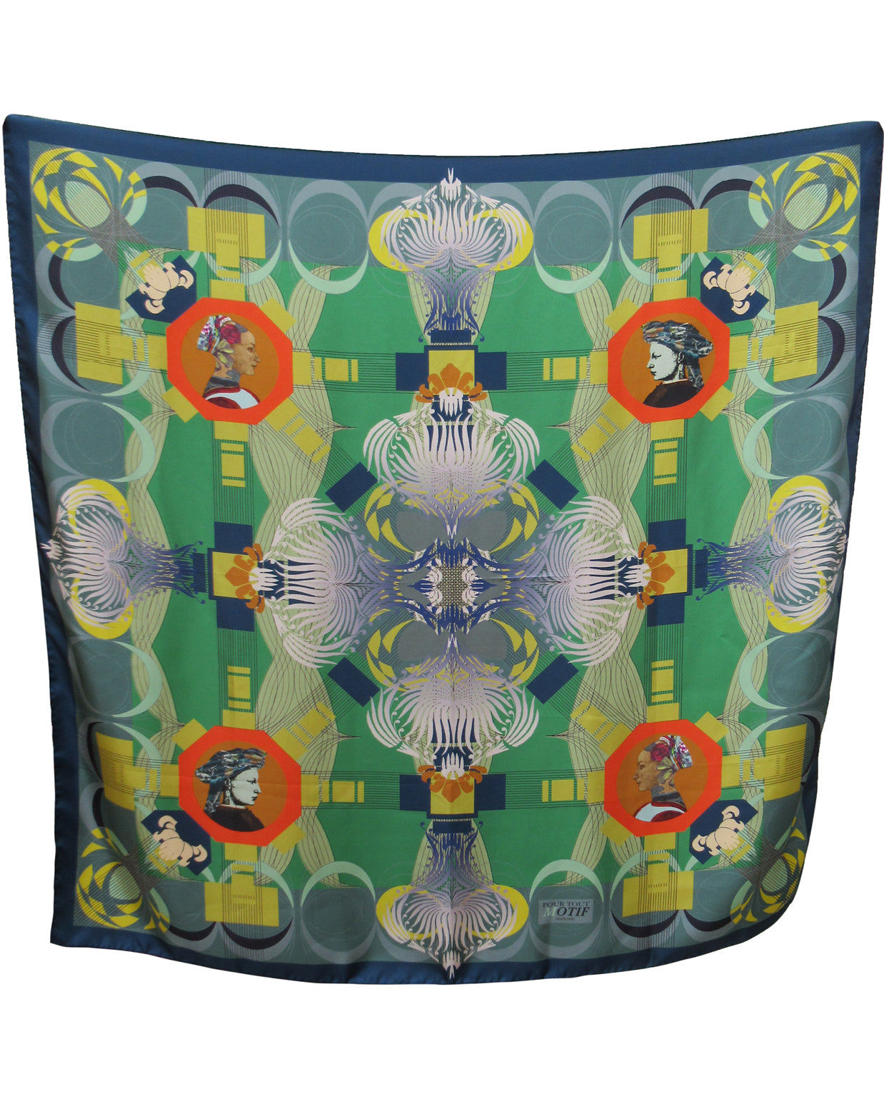 Foulard en soie 70cm de couleur verte et marine avec t^te homme et femme