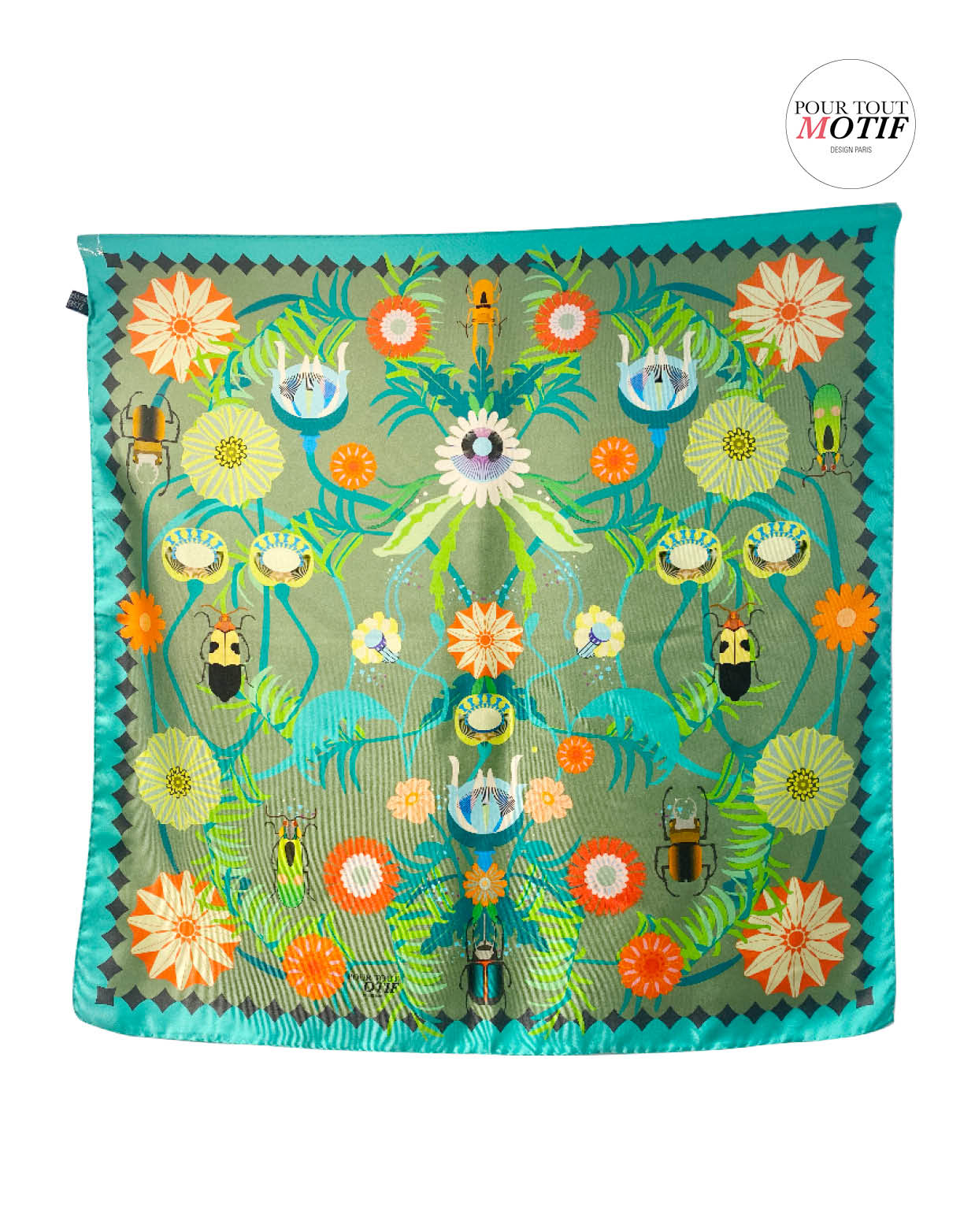 Foulard en soie de 70cm vert motifs scarabées et fleurs