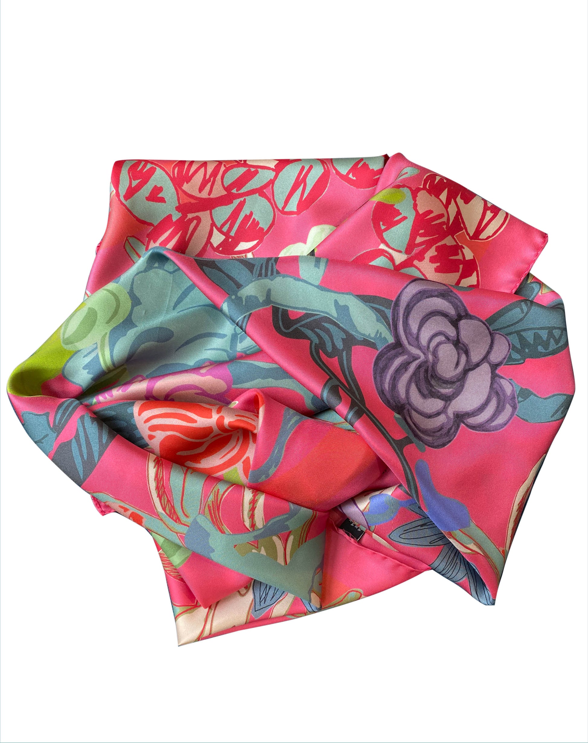 Foulard "Fleurs Roses" Carré de soie de 110cm